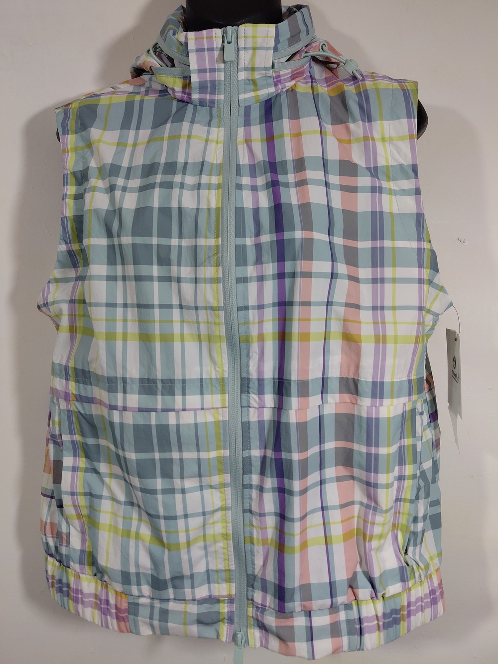 Mono B Pastel Plaid Hooded Vest Mesh Lining Front Zips Pockets Size LG